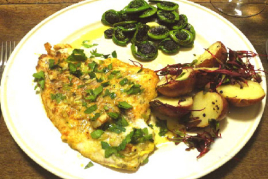 Flounder with fiddleheads and red potatoes 