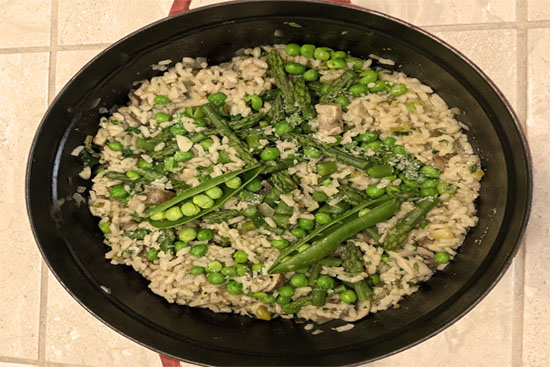 Risotto with mushrooms asparagus and spring peas 