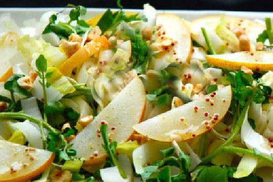 Watercress endive salad with roasted pears and roquefort 