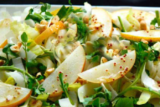Watercress endive salad with roasted pears and roquefort
