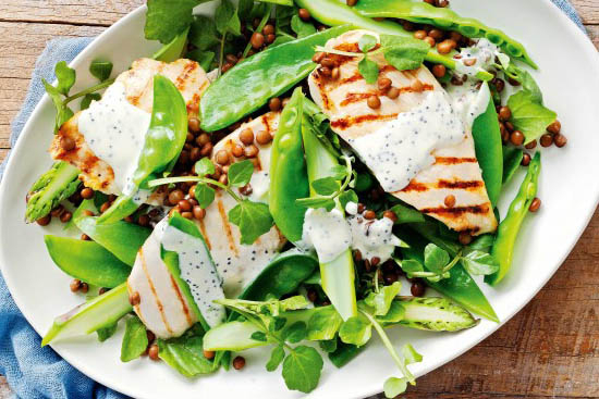 Chicken salad with pasta and asparagus 