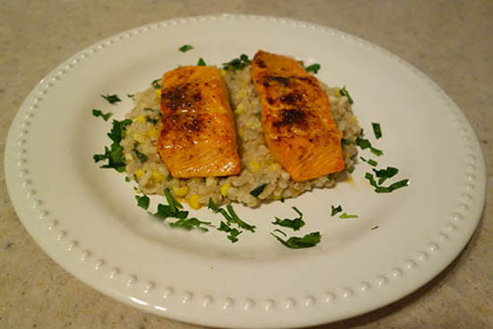 Broiled Salmon With Sweet Corn and Barley Risotto - A recipe by wefacecook.com