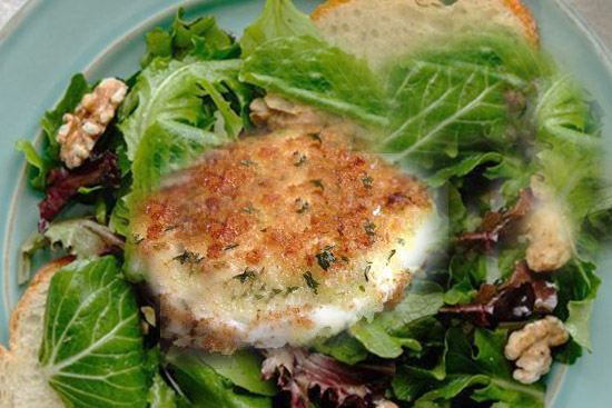 Baked goat cheese with salad greens 