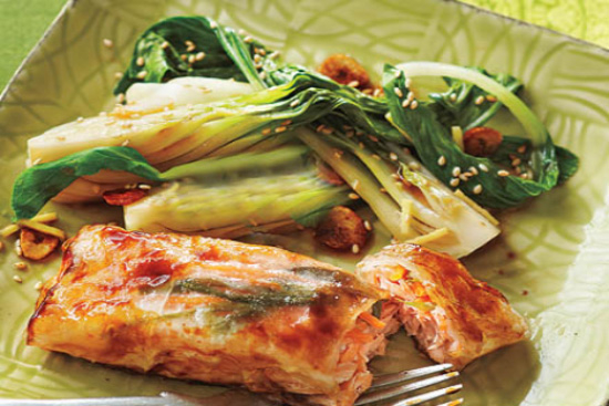 Glazed salmon bundles with sesame bok choy 