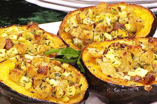 Baked acorn squash with chestnuts apples and leeks 