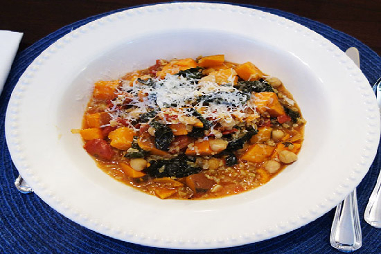 Roasted sweet potato stew with kale and freekeh 