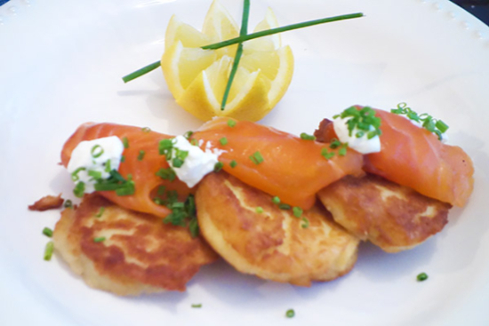 Potato pancakes with smoked salmon and creme fraiche 