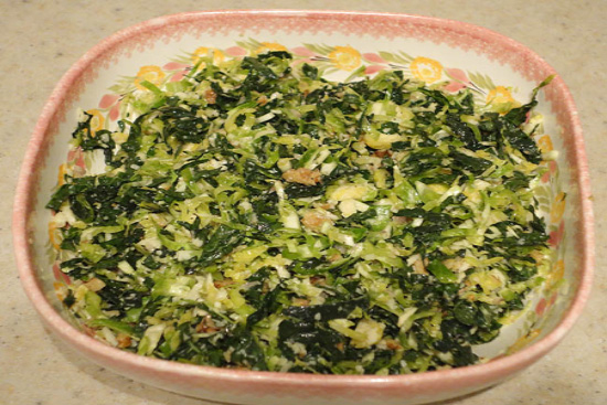 Kale and brussels sprout salad with walnuts parmesan and lemon-mustard dressing - A recipe by wefacecook.com