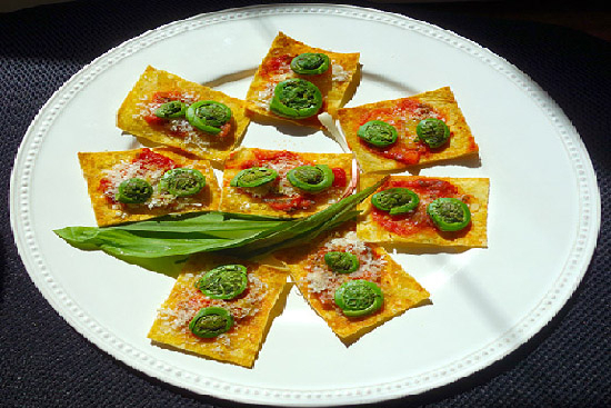 Flatbread with fiddlehead ferns ramp and pecorino 