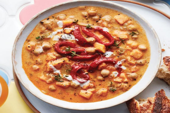 Chickpea tahini soup with harissa roasted peppers 