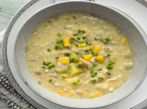 Smoky halibut chowder with charred corn  